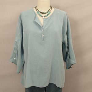 Fridaze 100% Linen Ripple Tide Pullover Tunic Top Pale Aqua Turquoise Hi Quality